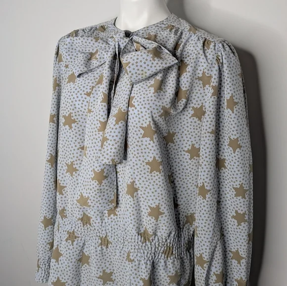 Vintage Louis Feraud Blue Tan Star Tie Neck Long Sleeve Blouse 10 - Picture 2 of 10